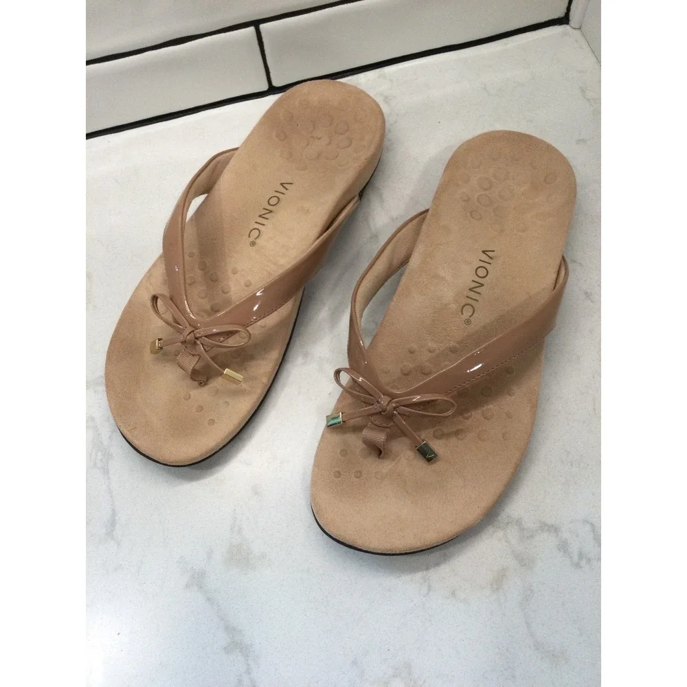 Vionic Bella II Nude Patent Bow Flip Flop Sandals Women 10 Wide Orthotic Support